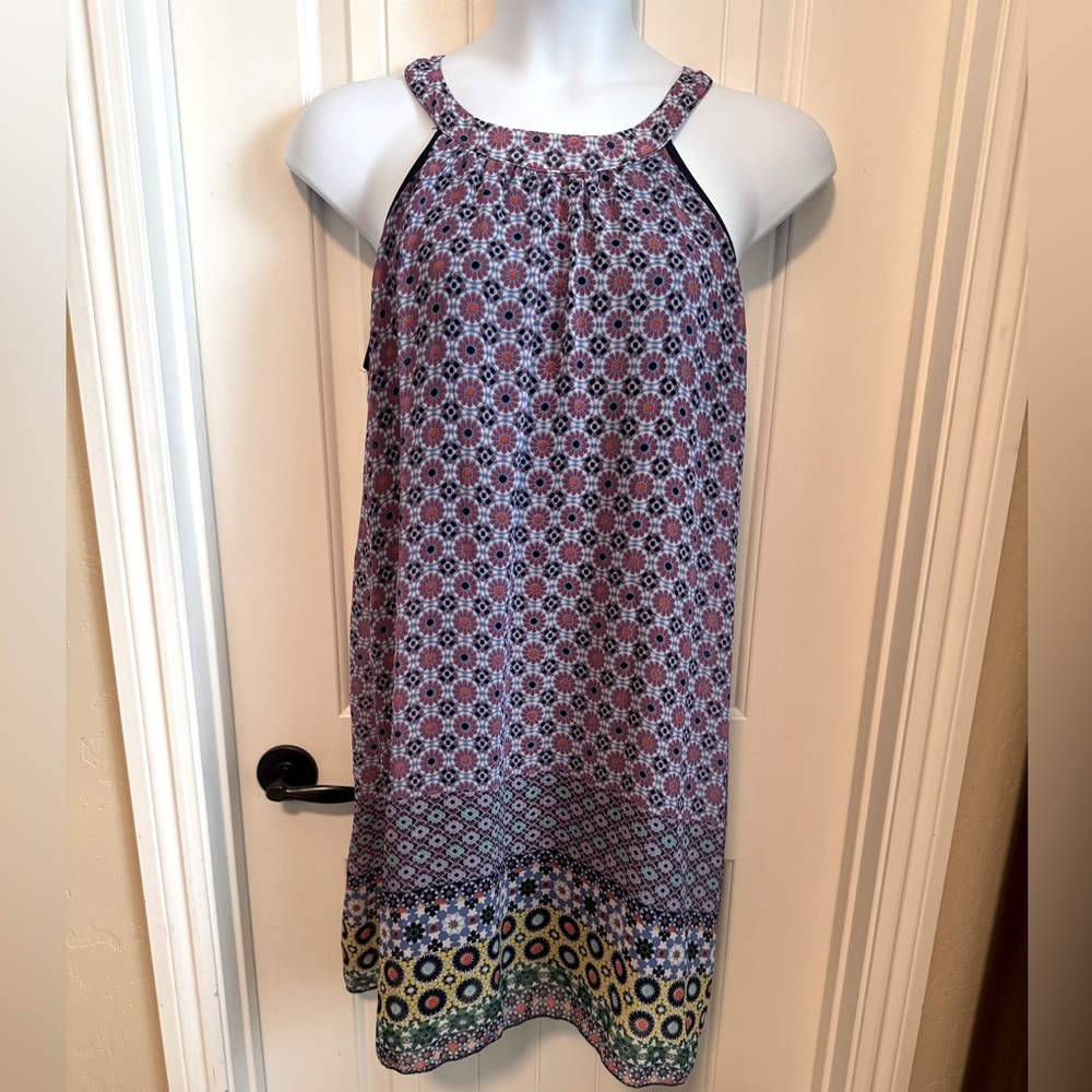 Andrea Missy Sheer Geometric/Floral Summer Dress w/ Halter Neckline Lined Size L